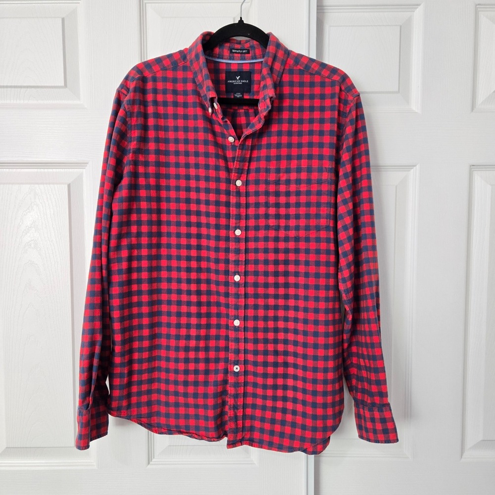 American Eagle Mens Red Navy Gingham Check Seriously‎ Soft Cotton Shirt Large L
